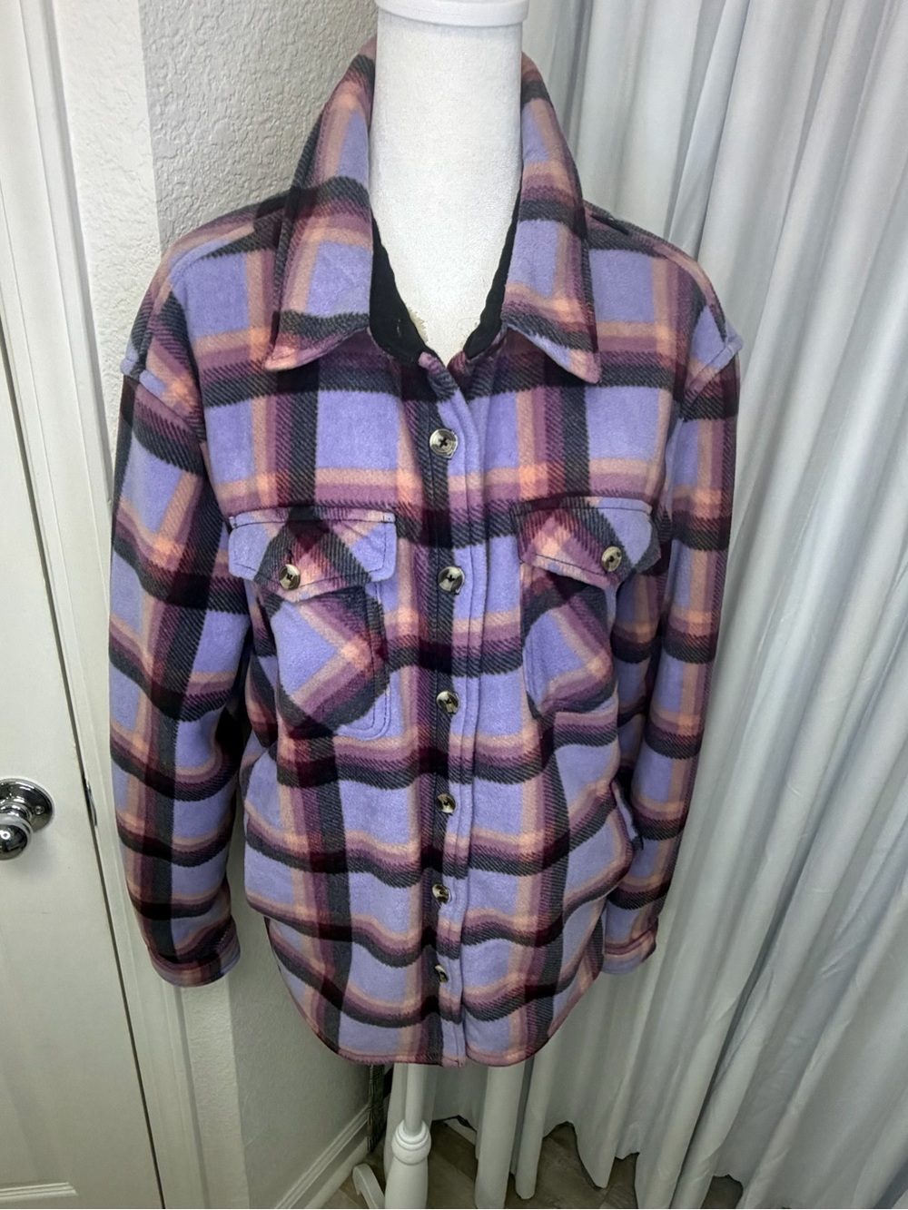 Sage Collective Purple Plaid Sherpa Lined Fleece Shacket Jacket - Women's L - Picture 3 of 8